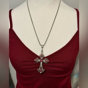 Cross  Pendant Necklace Box Chain Rhinestone Gothic Victorian Style Large New